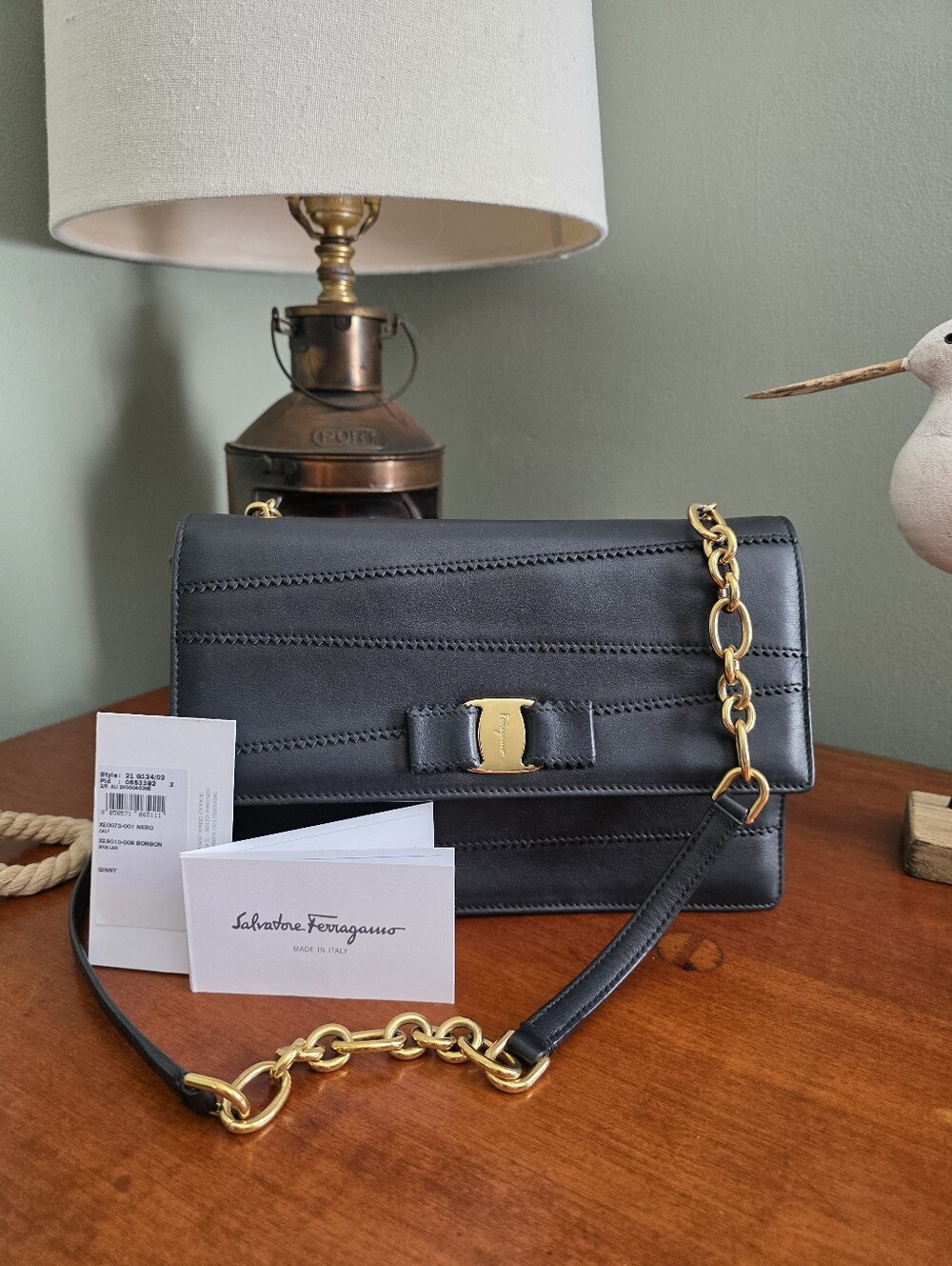 Salvatore Ferragamo Ginny Vara Bow Black Calf Leather Chain Shoulder Bag